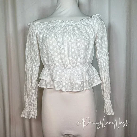 Shein Off Shoulder Floral Ruffle Hem Peplum Crop Top Blouse White - Picture 2 of 10